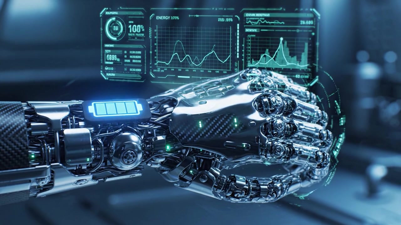 Nærbilde av en futuristisk robothånd med interaktiv skjerm, som viser avansert teknologi og datamonitoreringssystemer for forbedret ytelse