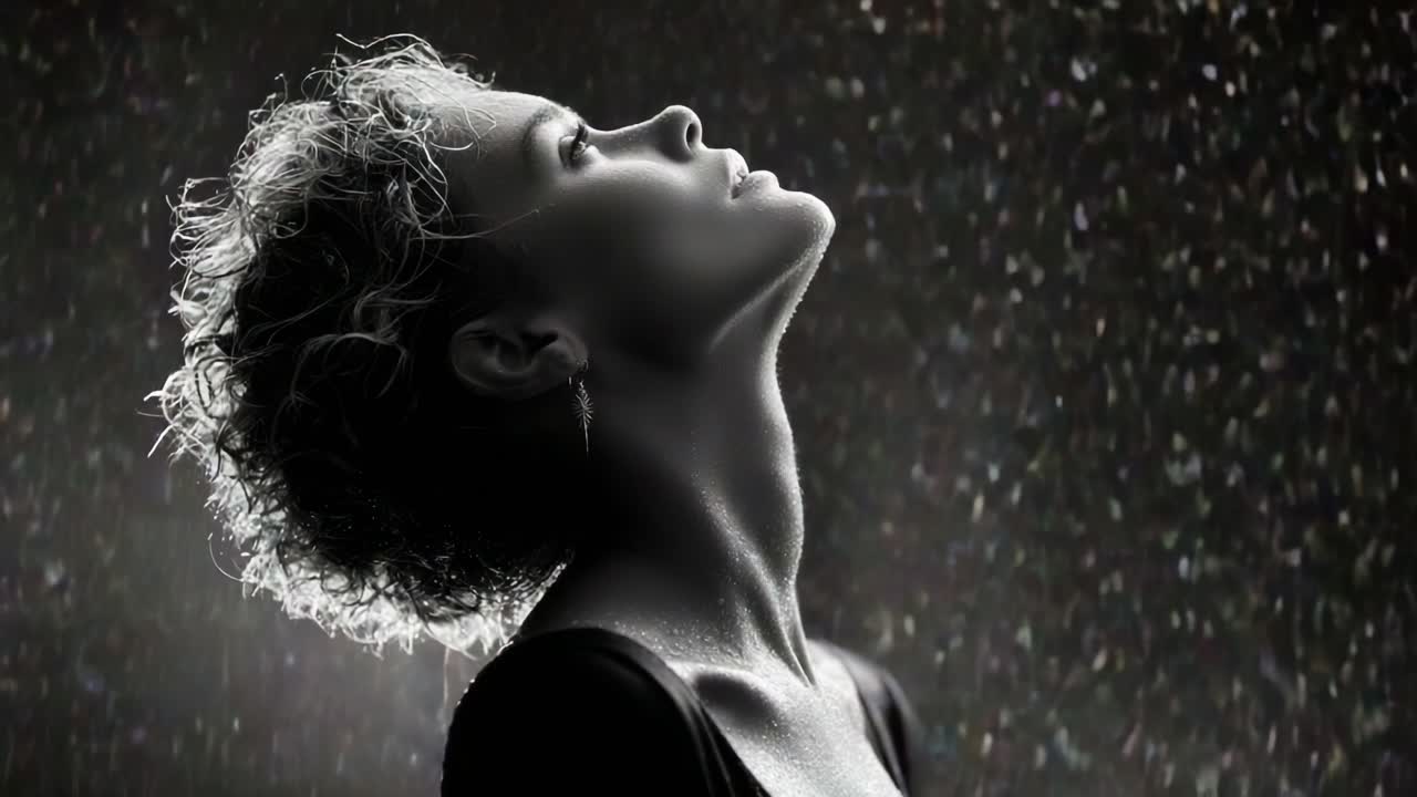 A Cinematic Moment of Serenity: A Woman in Rain Captured in Black and White, Embracing the Elements, and Reflecting on Life's Beauty Amidst the Downpour
