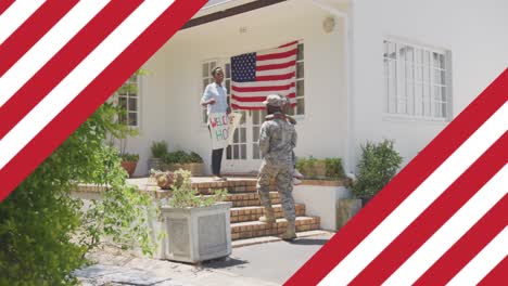 Animation-Eines-Männlichen-Soldaten,-Der-Seine-Lächelnde-Tochter-über-Der-Amerikanischen-Flagge-Umarmt