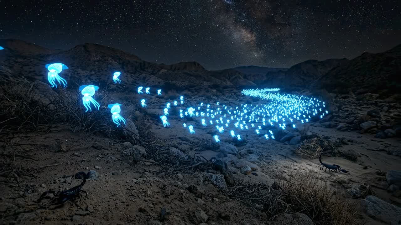 Bioluminescent Squid-like Creatures and Scorpion Moving Across Desert at Night Under Milky Way