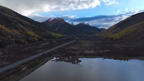 Colorado-lake-with-a-car-driving-on-the-road-into-the-mountains