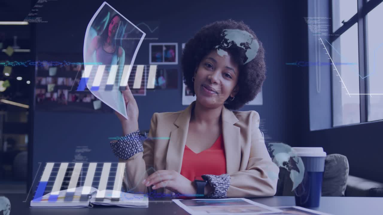 Woman presenting pages at desk, HUD appearing and covering face, marking charts for design review