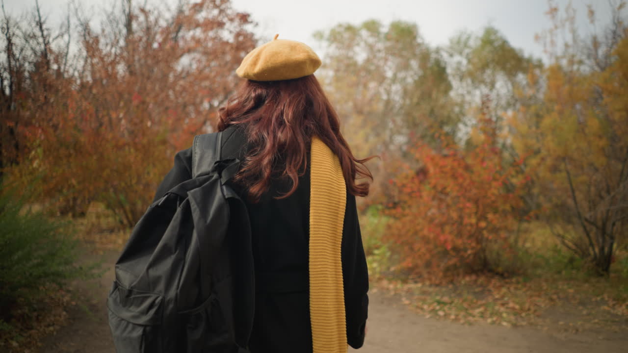 Bakfra-bilde av en dame med gul beret, gult skjerf og svart veske som spaserer langs en svingete sti gjennom en rolig høstskog fylt med gylne og røde blader.