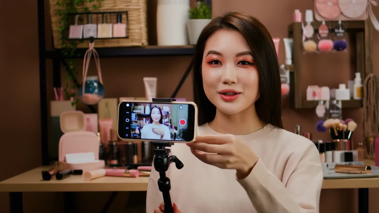 Asian Beauty Influencer Filming Makeup Tutorial and Product Review