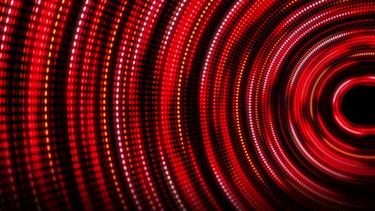 Animation of moving red bright dots along the lines. Rounded tunnel of chaotically glowing pixels. Looped animation.