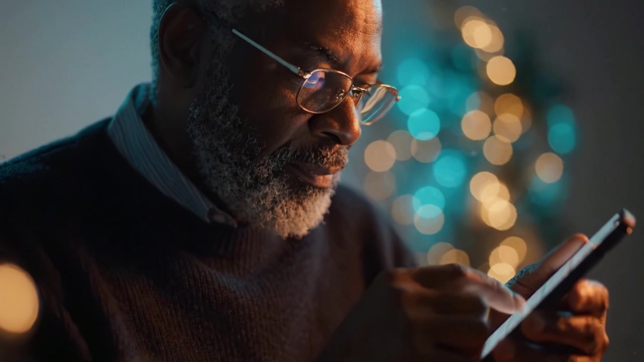 A thoughtful man focused on his smartphone amidst a cozy atmosphere illuminated by soft lights, showcasing moments of concentration and contemplation in a serene setting.