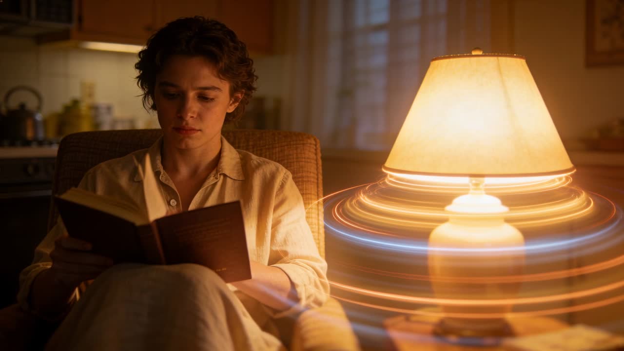 Lâmpada com anéis de luz cintilantes iluminando um livro, leitor(a) de camisa lendo em uma poltrona e virando as páginas em casa.