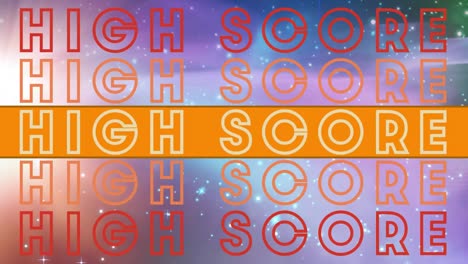 animation of high score text in repetition on orange banner over universe in background