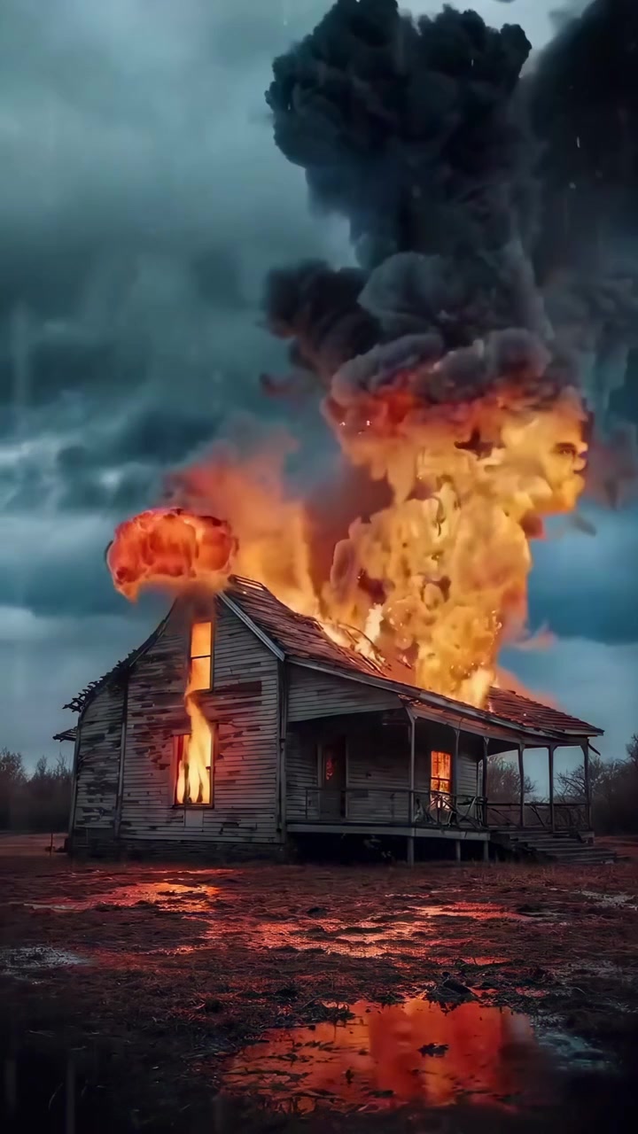 Vecchia casa di legno in fiamme con fiamme intense sotto un cielo tempestoso