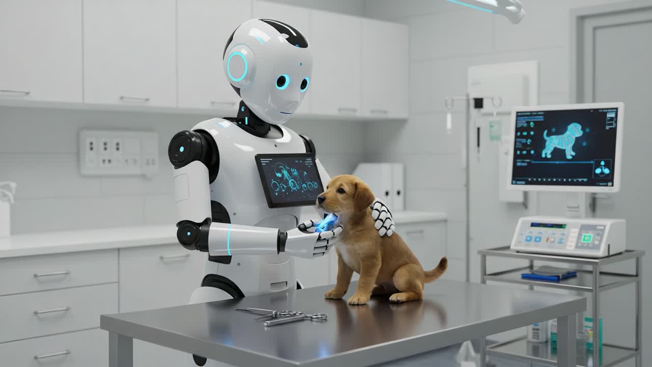 A Cute Puppy Receives Care from a Friendly Robot Veterinarian in a Modern Clinic Environment, Showcasing the Intersection of Technology and Animal Wellness