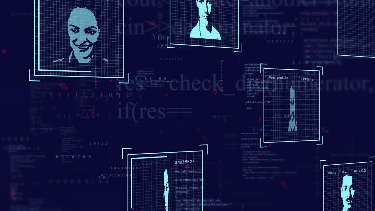 Opening interface spawning glowing frames streaming code, sliding, pulsing, clustering into grid