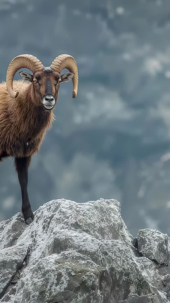 Vertical video: Framing horned ram shifting weight and keeping watch on lichen rock, copy space