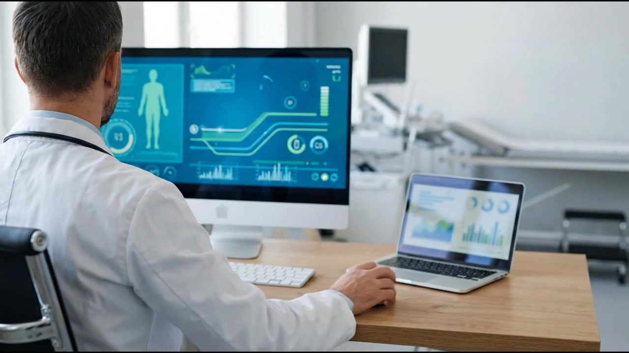 Medical researcher analyzing data on desktop computer and laptop in lab, horizontal 16:9 video