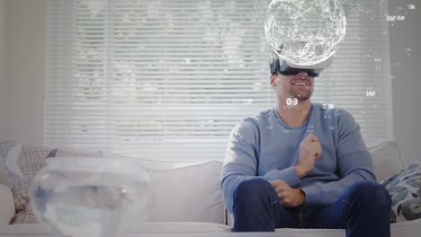 Animation-Des-Globus-Mit-Netzwerk-Von-Verbindungen-über-Dem-Menschen-Mithilfe-Eines-VR-Headsets