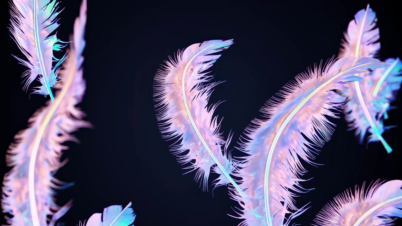 Piume olografiche iridescenti che fluttuano su uno sfondo scuro