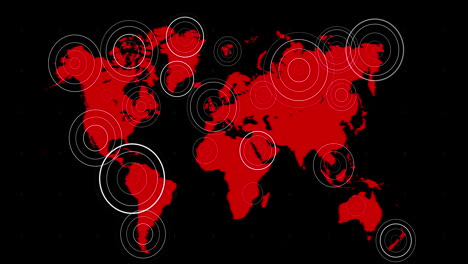 mapa del mundo rojo con círculos concéntricos blancos radiantes sobre territorios sobre fondo azul