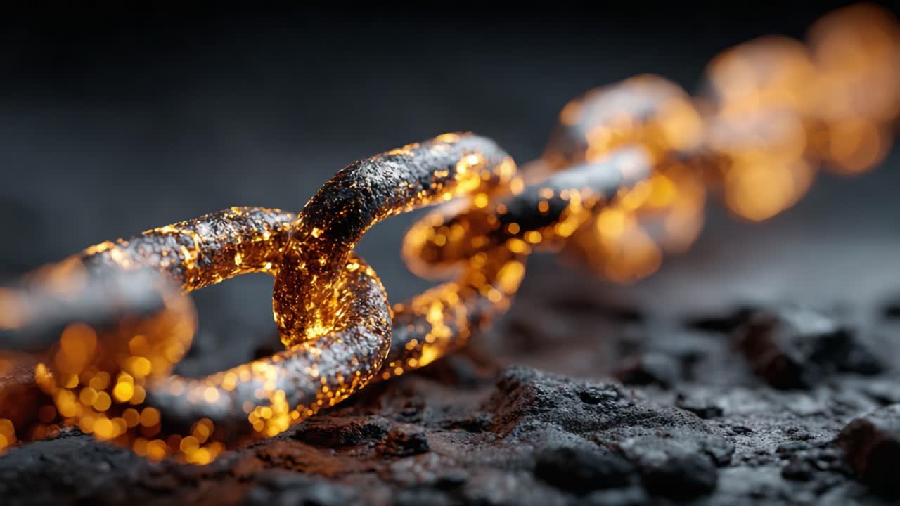 An Intimate View of a Glowing Chain: Capturing the Dazzling Details of a Metallic Link Amidst a Dramatic Dark Background