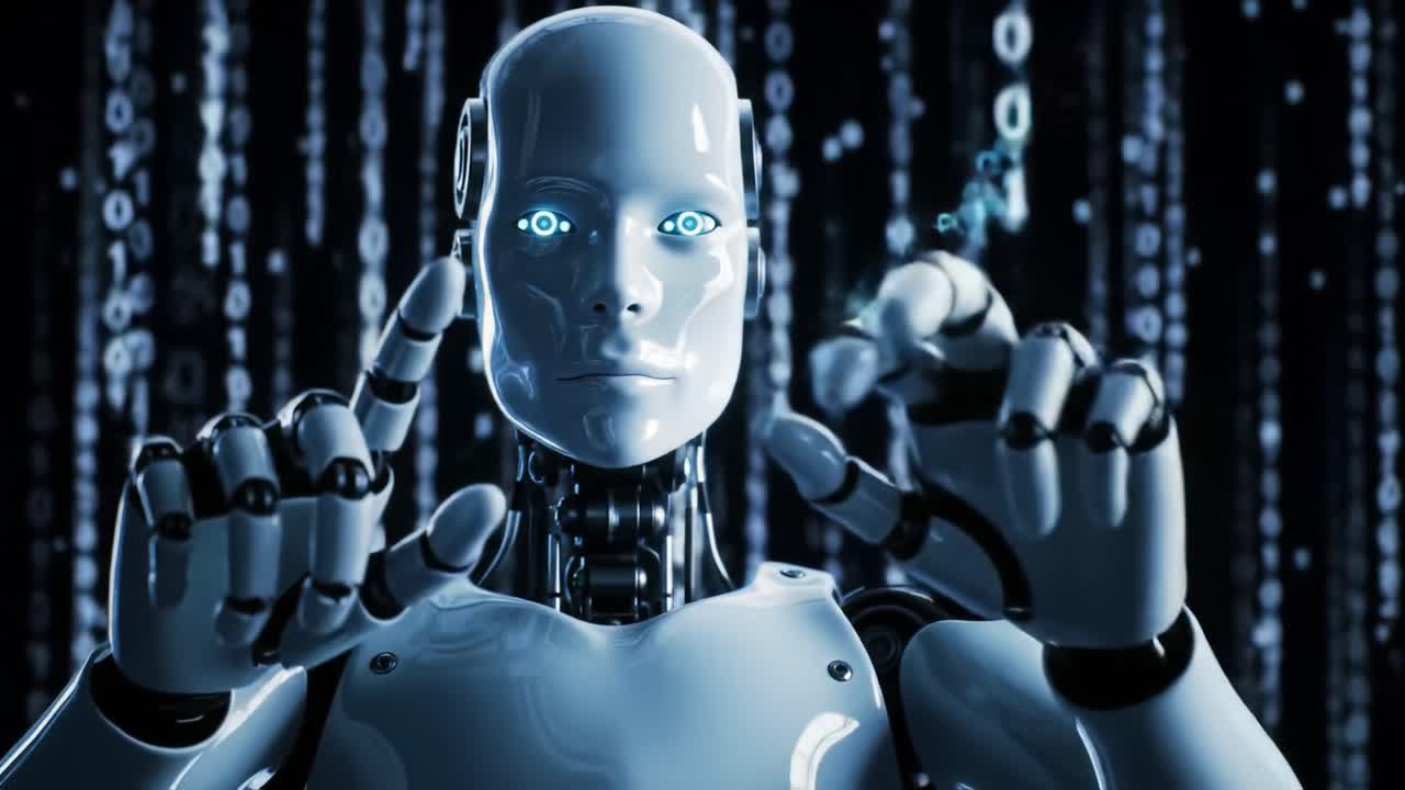 Futuristic Robot Interacting with Digital Data Stream in a High-Tech Environment, Showcasing Advanced Artificial Intelligence and Creative Capabilities