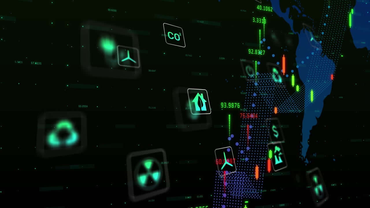 animación de una red de iconos ecológicos y respetuosos con el medio ambiente sobre el procesamiento de datos