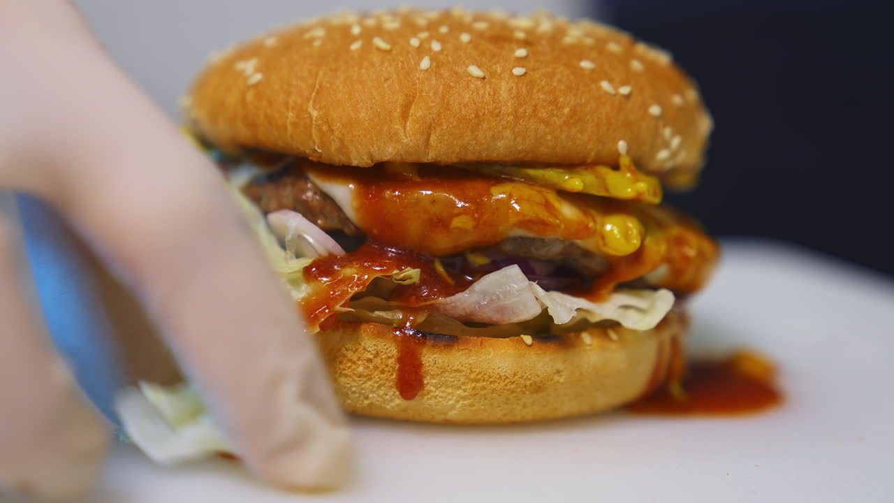 Amazing tasty appetizing burger with various fresh ingredients and buns. Fast food concept. Close up.