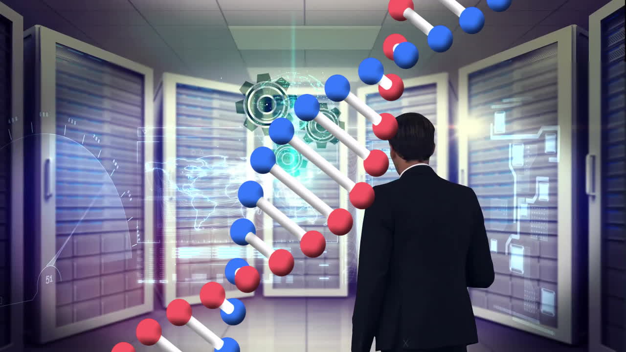 이진 코딩으로 된 dna 줄무, 애니메이션으로 과학 데이터를 처리합니다.