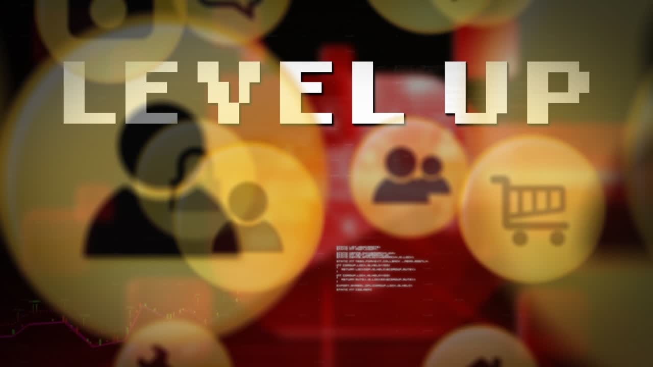 Animation of level up text banner and data processing against multiple digital icons