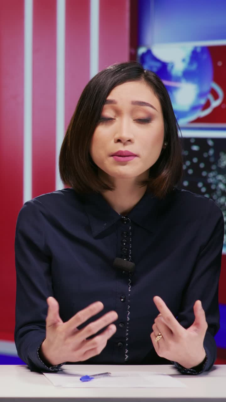 Video verticale di un reporter asiatico che segue i titoli delle notizie