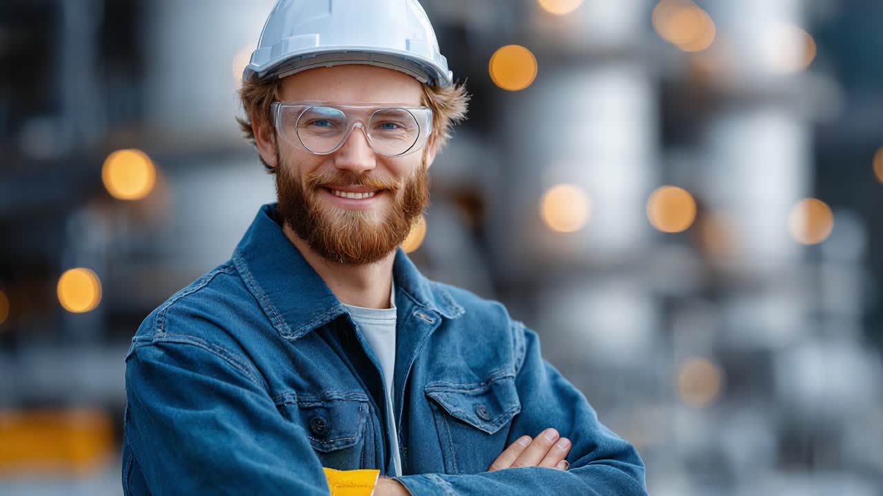 Confident Construction Worker Smiling at the Camera While Standing in an Industrial Environment, Showcasing the Spirit of Hard Work and Dedication in the Field