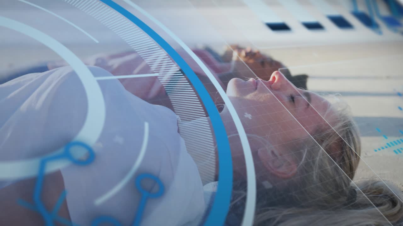 Women lying on mats, HUD overlays moving right revealing faces, visualizing breathing for wellness