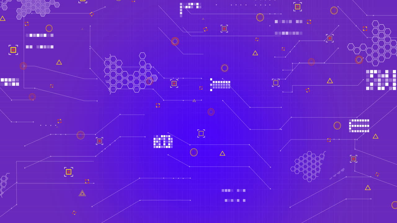 animación de formas geométricas sobre el patrón de la placa de circuitos contra un fondo azul