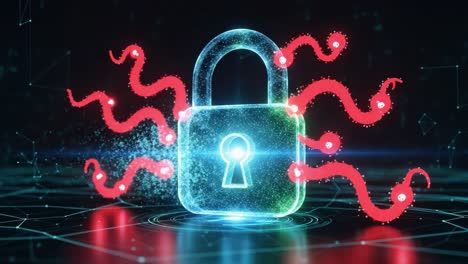 visual representation of cybersecurity: a glowing lock icon confronts threats in the digital realm, highlighting the importance of protection against cyber attacks