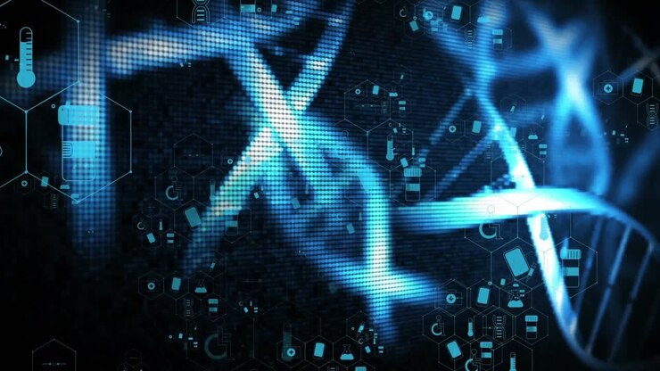 Animation of hhiman dna strandwith medical icons and data processing on black background