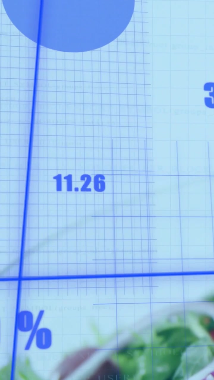 Vertical video: View panning across infographic, crosshair hitting bars, showing food percentages