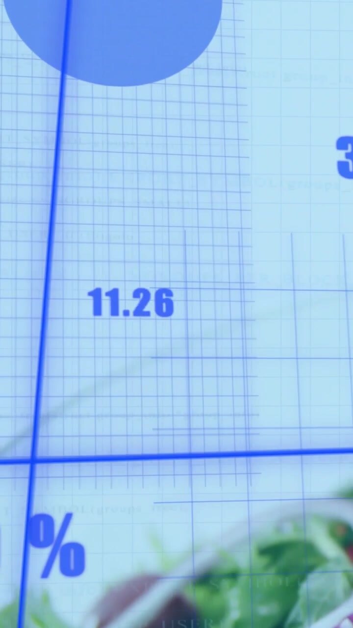 Vertikal video: Udsigt panorerer over infografik, trådkors rammer søjler, viser fødevareprocenter.