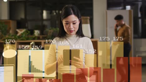 animation of financial data processing over asian businesswoman working in office