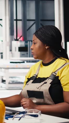 vertical video black engineer testing solar technology at desk in renewable energy facility