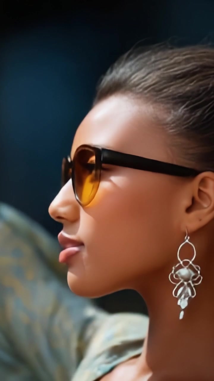 Una bella giovane donna che si gode il sole, con occhiali da sole alla moda e orecchini eleganti, che esprime sicurezza e grazia in un ambiente esterno soleggiato.