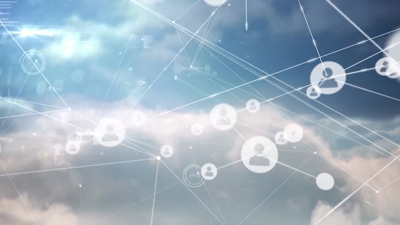 Animation af netværk af forbindelser med ikoner over himmel med skyer