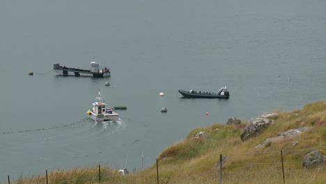 un pequeño barco de pesca conduce a su posición
