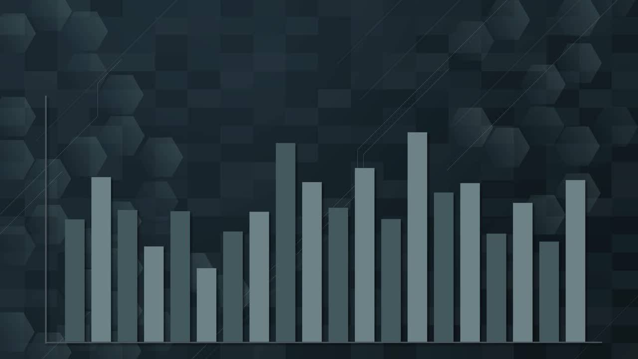Bar chart columns animate upward on a dark, hexagonal, grid-patterned finance-themed background