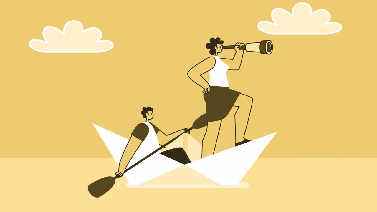 노란색 스타일의 평평한 캐릭터, 오버, 오머, 여자, 선장, 종이 배에 떠다니며, 알파 채널과 함께 고립된 루프 애니메이션.