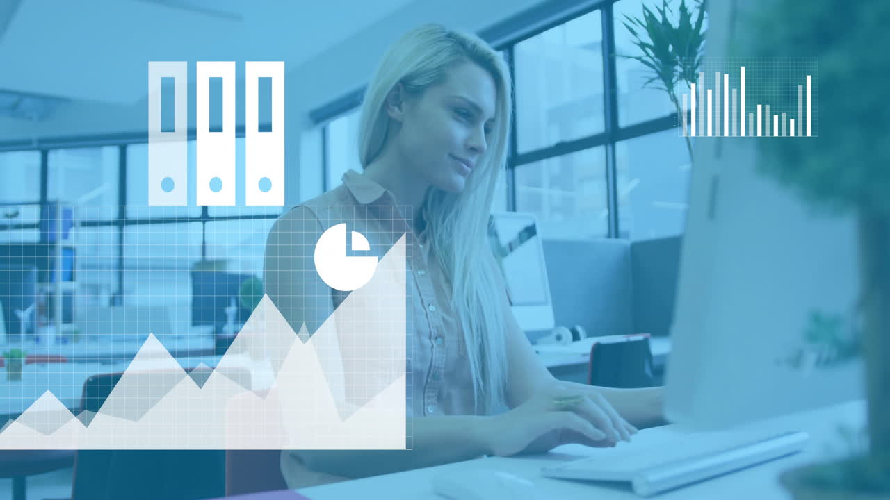 Animation of financial data processing over caucasian businesswoman using laptop