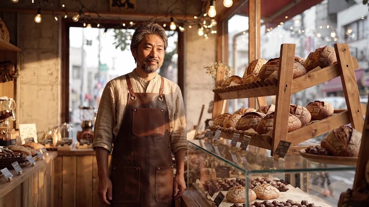 魅力的なパン屋で、様々なこだわりのパンやペストリーに囲まれ、熟練のパン職人が誇らしげに立つ。彼の仕事の温かさと職人技が反映されている。