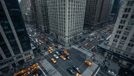 busy city intersection with motion-blurred traffic and skyscrapers