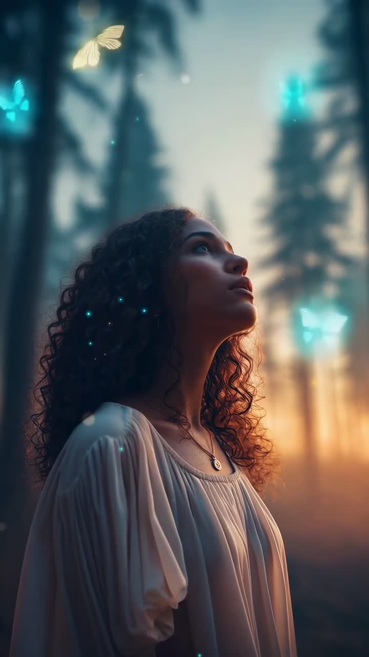 Una escena de video onírica con una toma en contrapicado de una mujer observando mariposas luminosas en un bosque