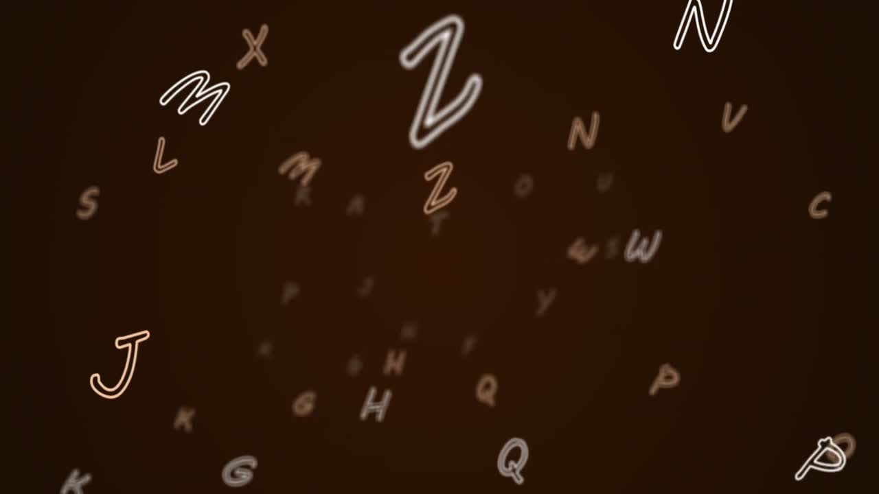 animación digital de múltiples alfabetos flotando y moviéndose contra un fondo negro