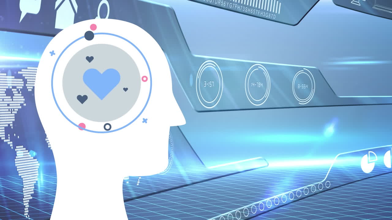 파란색 배경 에 심장 과 세계 지도 를 가진 인간 머리 의 애니메이션