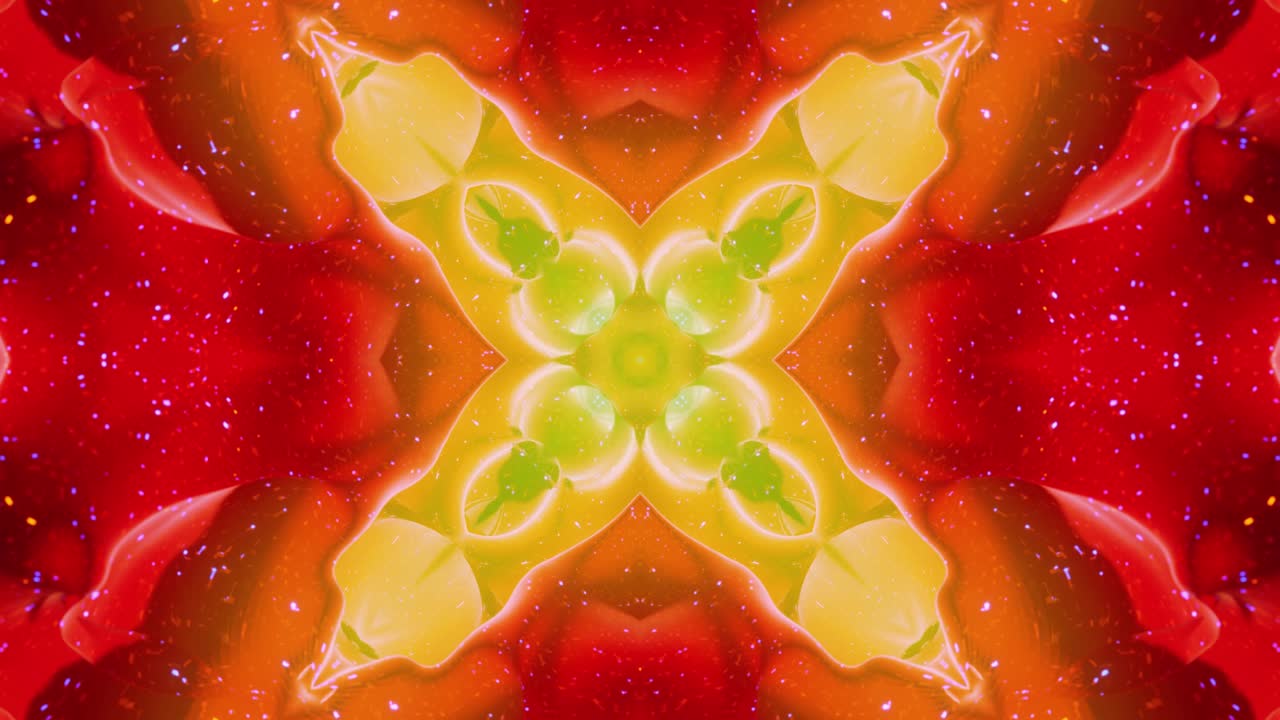 estructuras 3d simétricas abstractas como el caleidoscopio líquido en animación en bucle, gradientes de color suaves con brillo brillante. efecto caleidoscopia con ondas abstractas. hermoso patrón 3d abstracto bg. dof