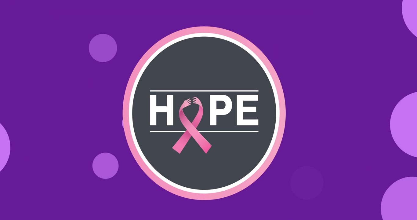 Animazione di testo sulla consapevolezza del cancro e nastro rosa su sfondo viola