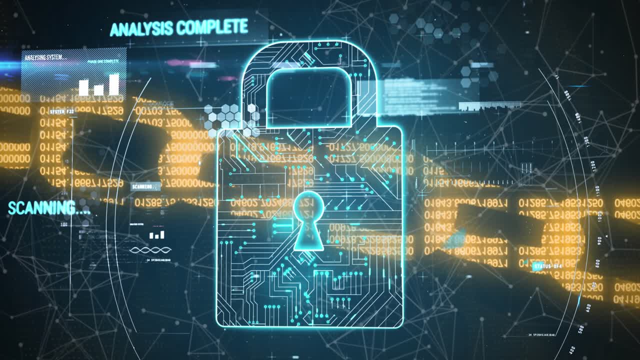 Animation of chain, computer data processing over padlock and circuit board